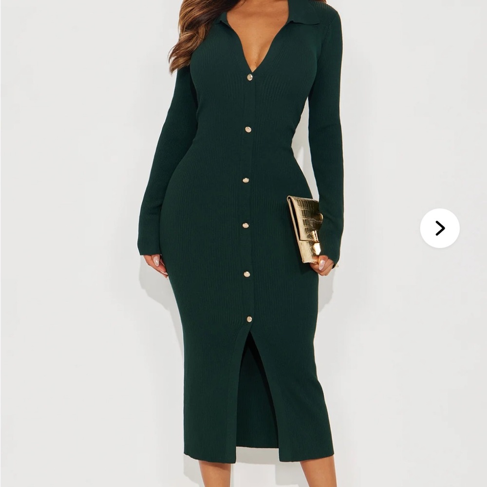 Fashion Nova Jada Long Sleeve Ribbed Midi Dress - Hunter Green - Size M